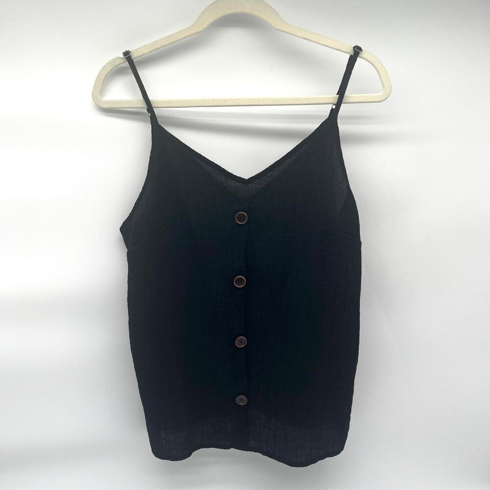 LULUS Ribbed Tank Top, Black with Button Up Details, Large